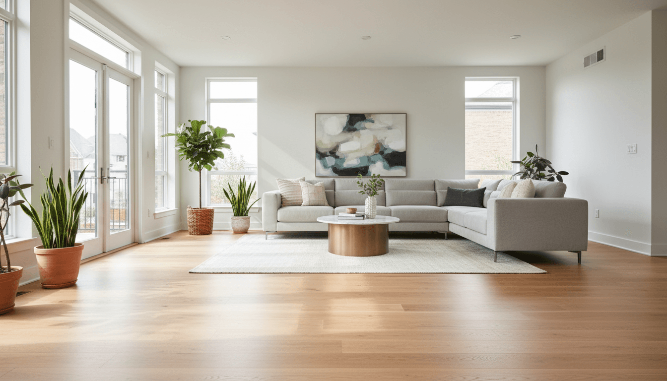 Newly installed hardwood flooring in bright modern living room with natural light