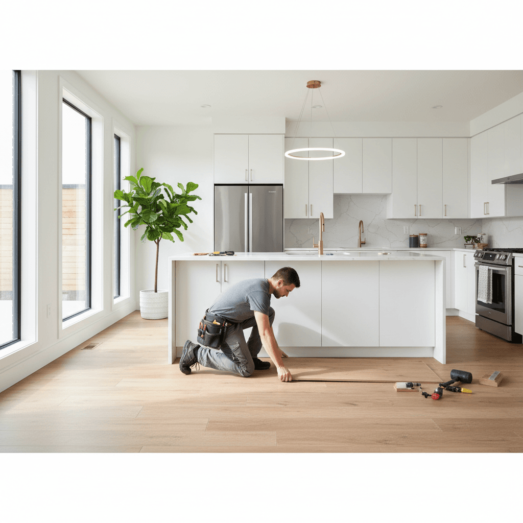 Professional flooring installer laying vinyl plank flooring